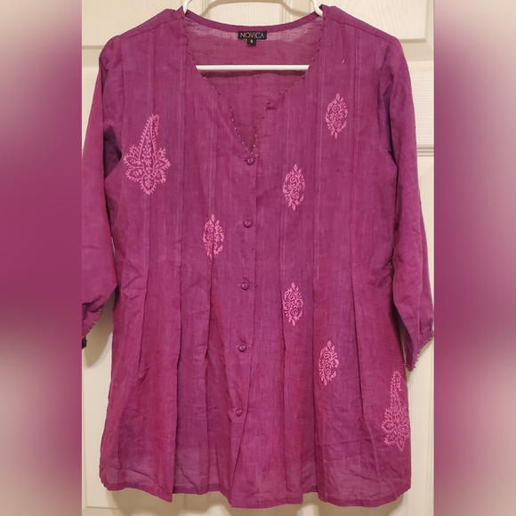 NOVICA Handcrafted Beaded and Block Peint Tunic Blouse 100% cotton - Picture 3 of 11